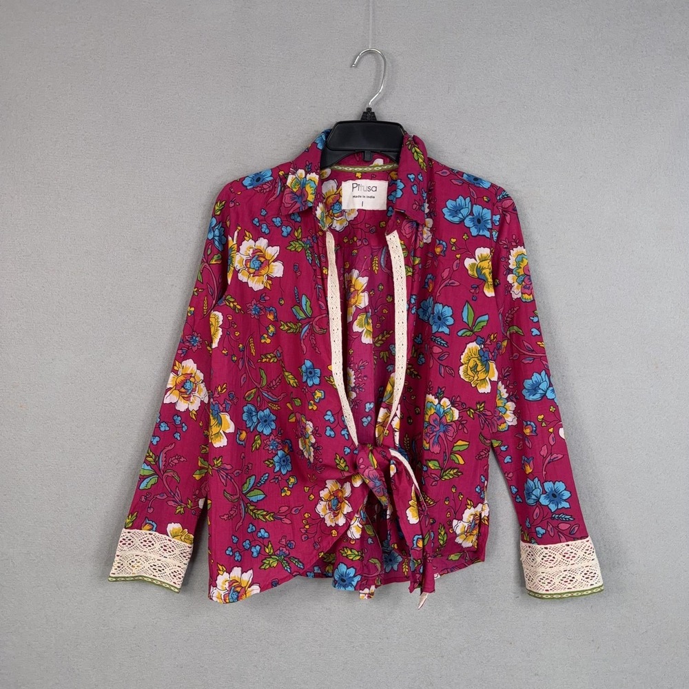 Pitusa Blouse Womens I Pink Floral Cotton Collared Boho Tie Front Top Lace Cuff - Picture 6 of 14